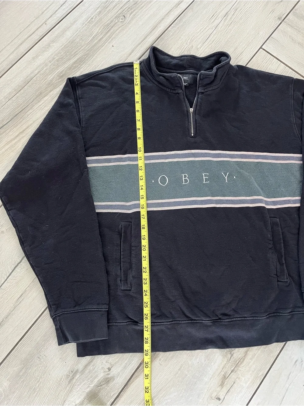Obey Black Zip-Up Sweater with Grey Chest Stripe